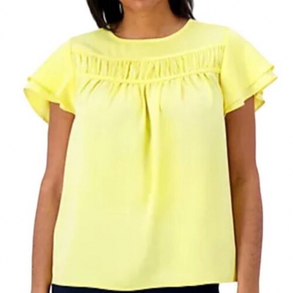 Candace Cameron Bure Yellow Ruffle Yoke Flutter Cap Sleeve Top Size M Pineapple